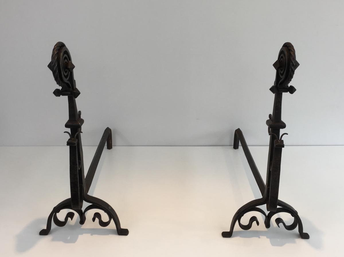 In The Style Of Schenck. Exceptional Pair Of Hammered And Wrought Iron -photo-2