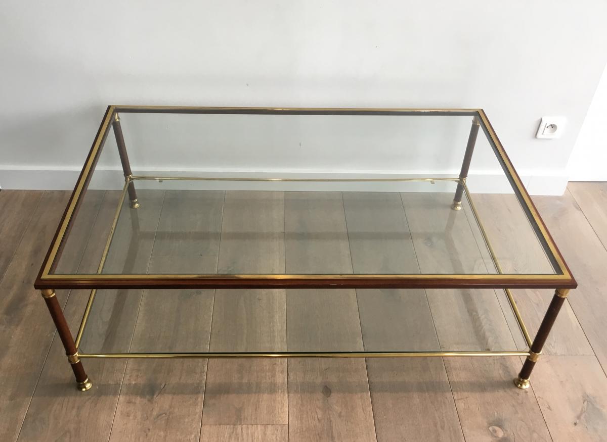 Elegant Large Burgundy Lacquered And Brass Coffee Table With 2 Glass Shelves. Circa 1960 -photo-2