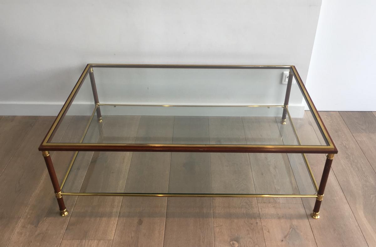 Elegant Large Burgundy Lacquered And Brass Coffee Table With 2 Glass Shelves. Circa 1960 -photo-3