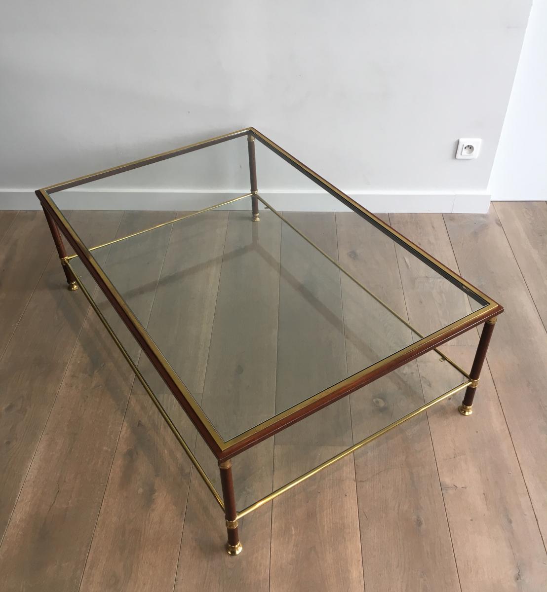 Elegant Large Burgundy Lacquered And Brass Coffee Table With 2 Glass Shelves. Circa 1960 -photo-1