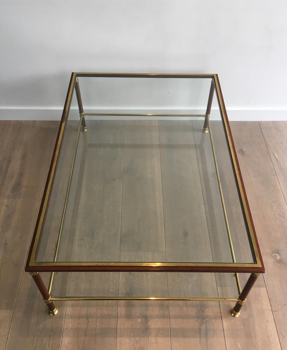 Elegant Large Burgundy Lacquered And Brass Coffee Table With 2 Glass Shelves. Circa 1960 -photo-2