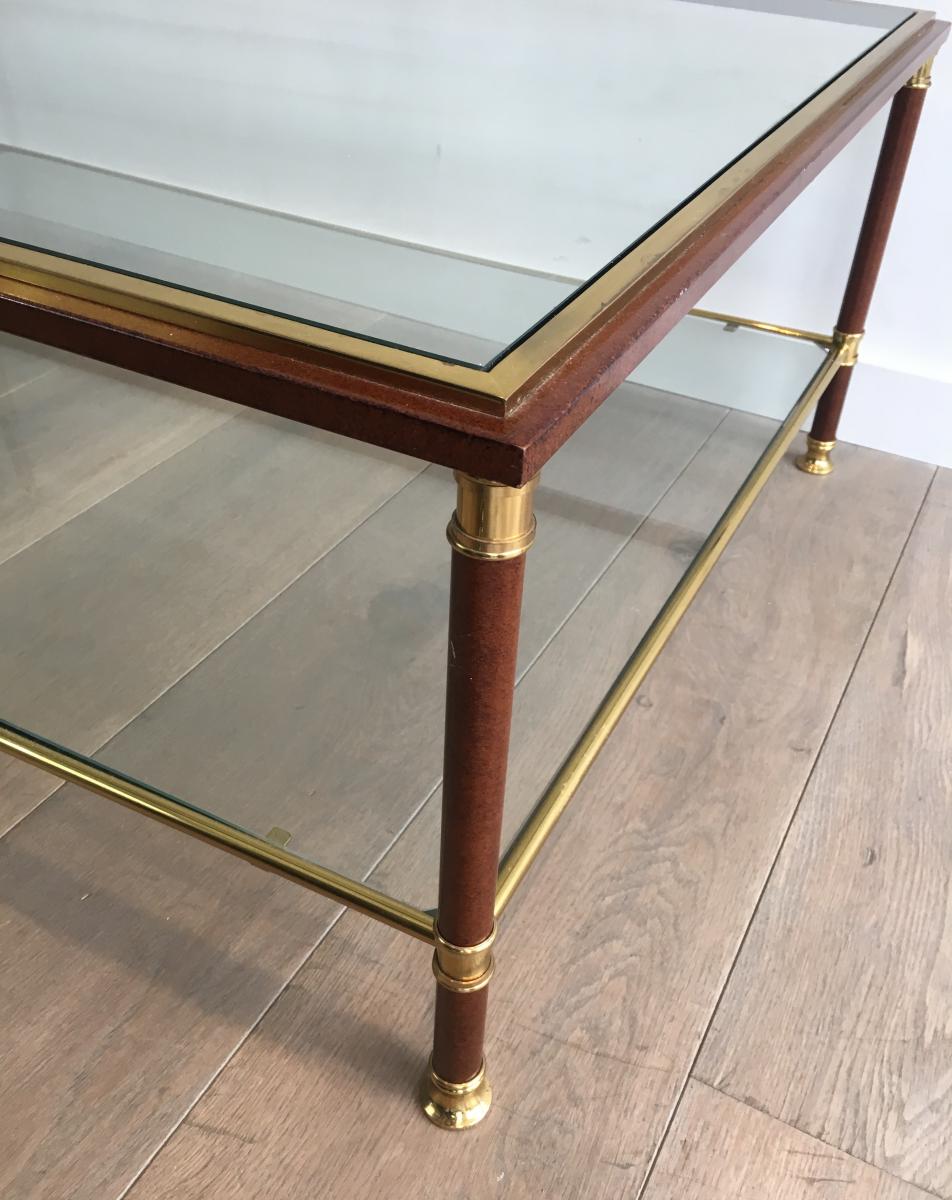 Elegant Large Burgundy Lacquered And Brass Coffee Table With 2 Glass Shelves. Circa 1960 -photo-5