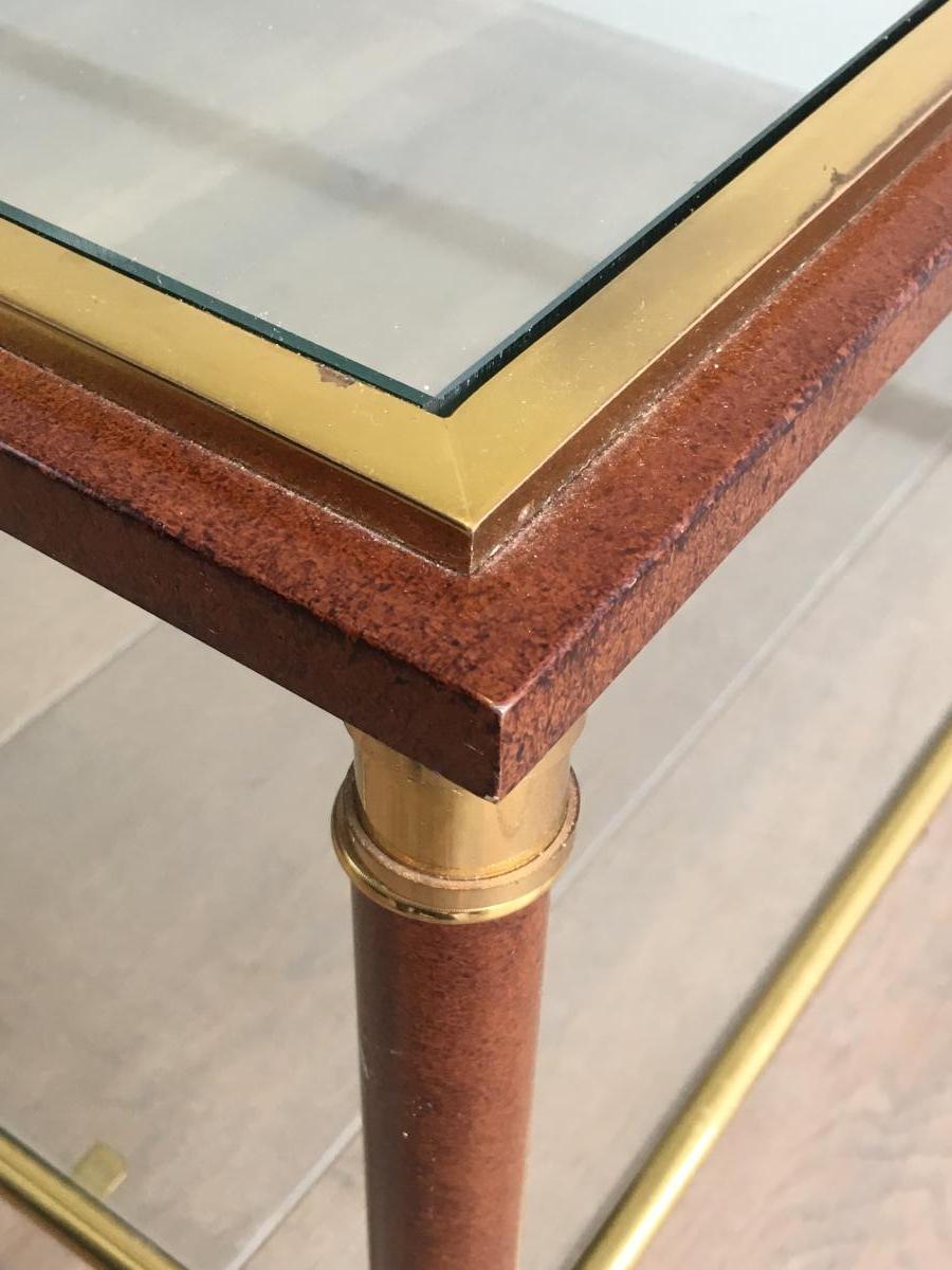 Elegant Large Burgundy Lacquered And Brass Coffee Table With 2 Glass Shelves. Circa 1960 -photo-7