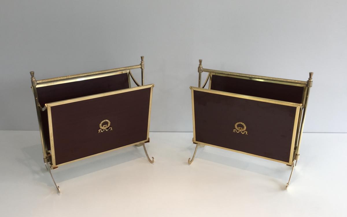 Attributed To Maison Jansen. Rare Pair Of Neoclassical Mahogany And Brass Magazine Racks. Circa