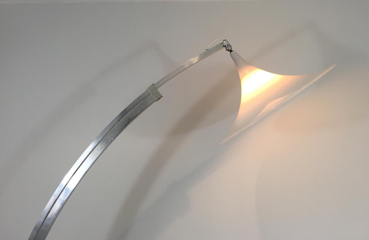 Rare Lampadaire De Parquet De Style Arco En Aluminium Brossé-photo-1