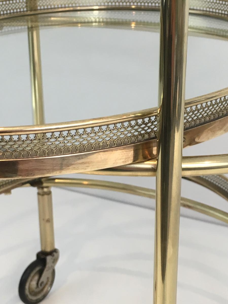 Delicate Neoclassical Oval Brass Trolley With 3 Removable Shelves. French. Circa 1940 -photo-7