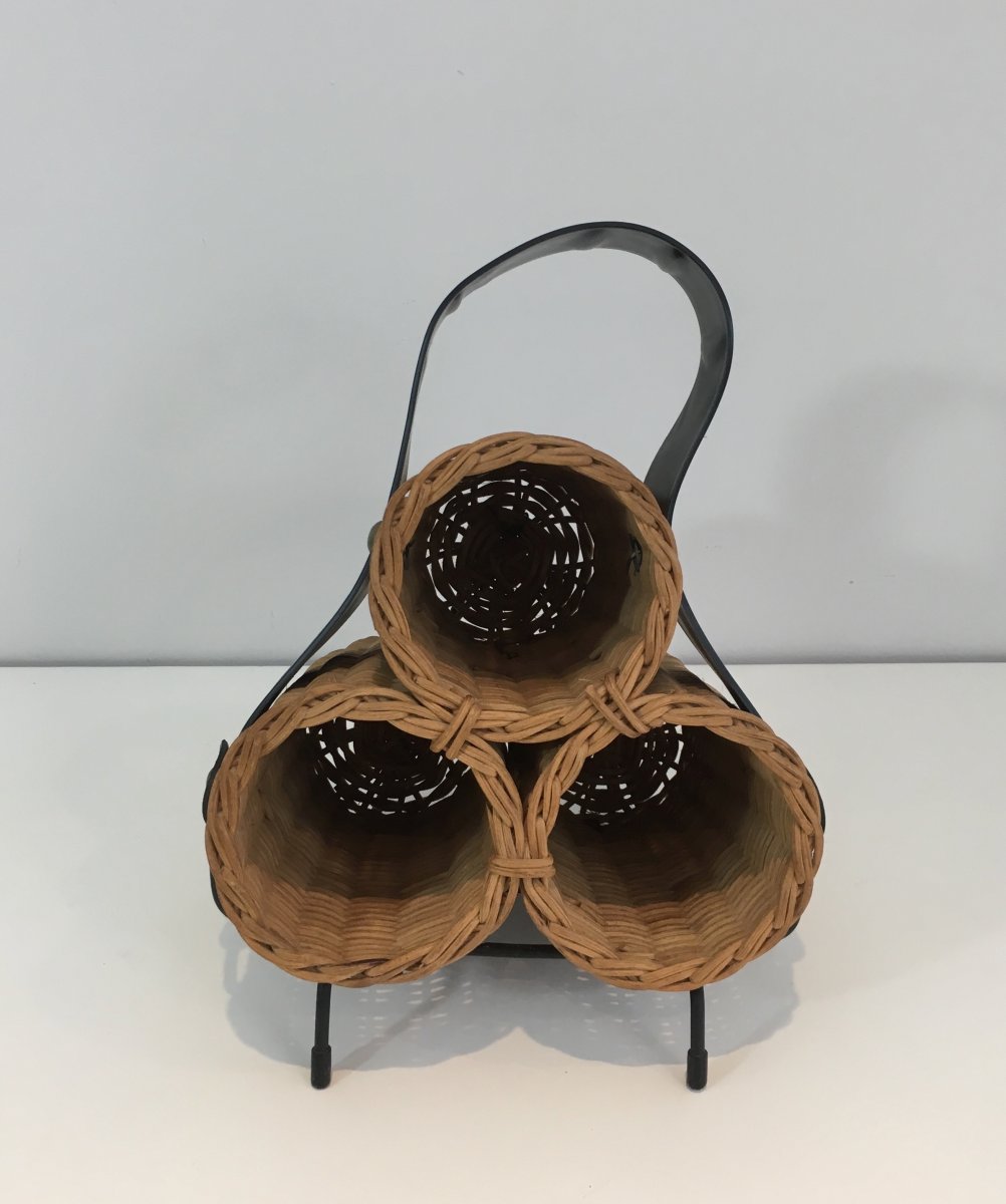 Rattan, Black Lacquered Metal And Faux-leather Bottles Rack. French, Circa 1970 -photo-3