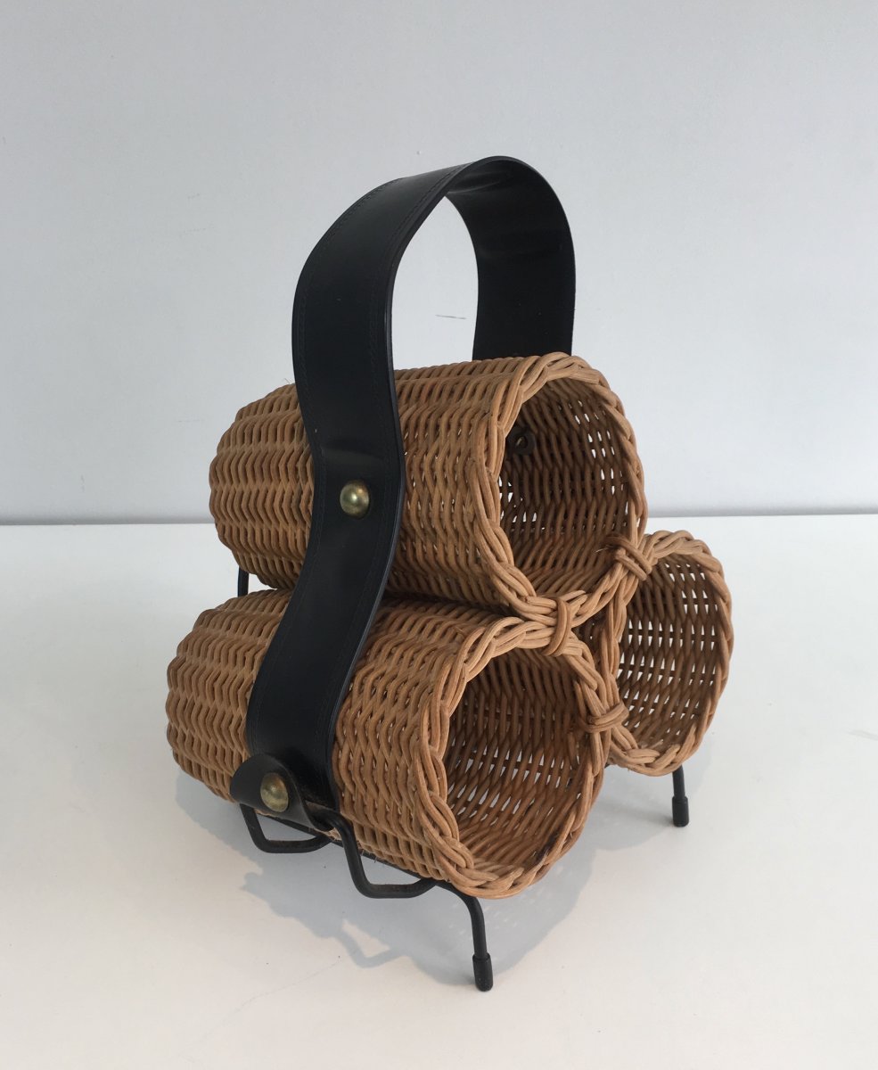 Rattan, Black Lacquered Metal And Faux-leather Bottles Rack. French, Circa 1970 -photo-7