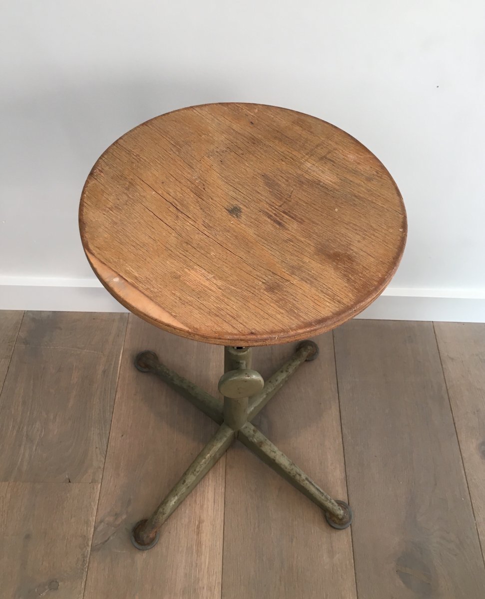 Tabouret Industriel En Acier Et Bois Réglable En Hauteur. Vers 1900 -photo-8