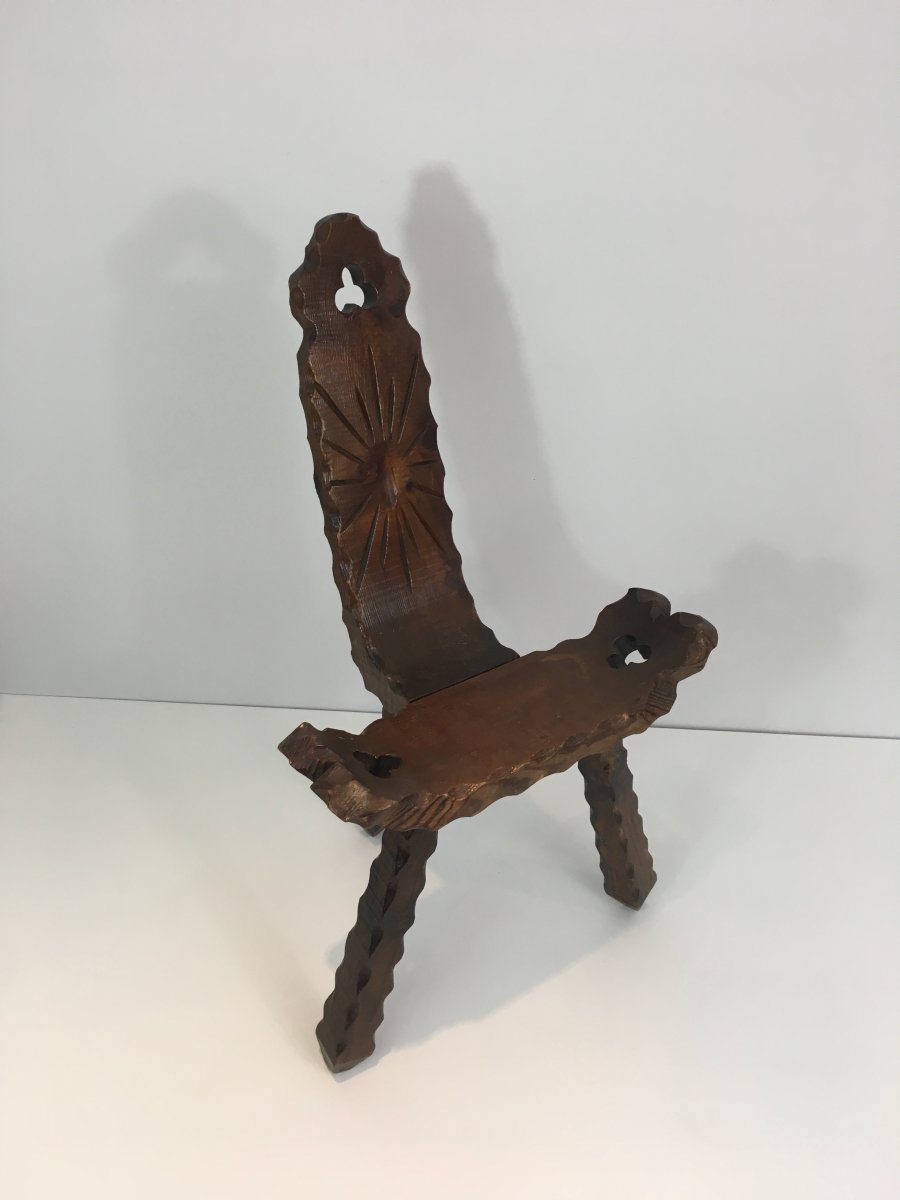 Petite Chaise De Montagne Tripode En Bois Sculpté 1950 -photo-1