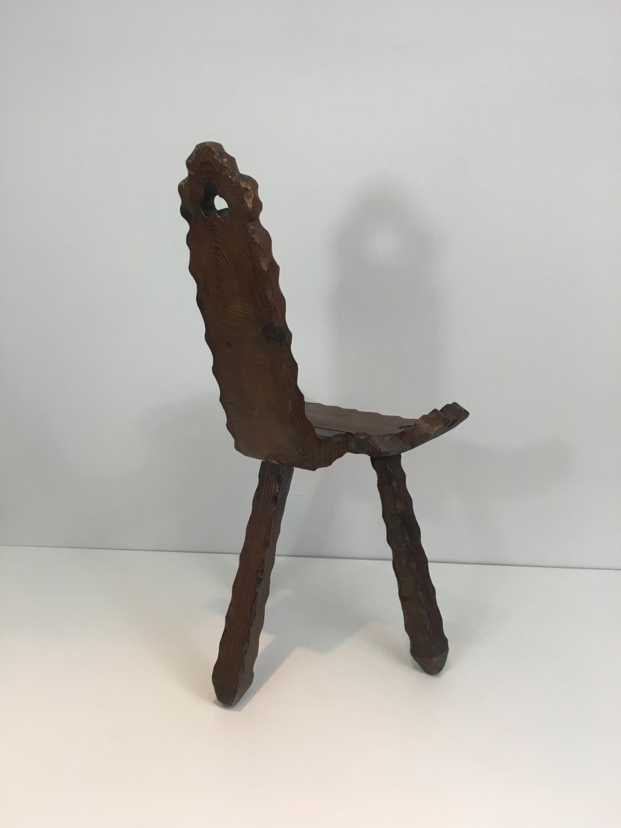 Petite Chaise De Montagne Tripode En Bois Sculpté 1950 -photo-3