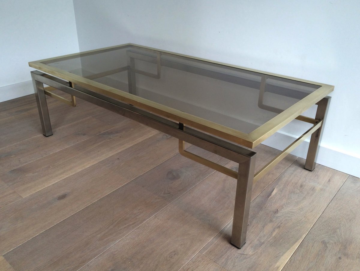 Guy Lefèvre For Jansen House. Coffee Table Brushed Steel And Brass. Around 1970-photo-2