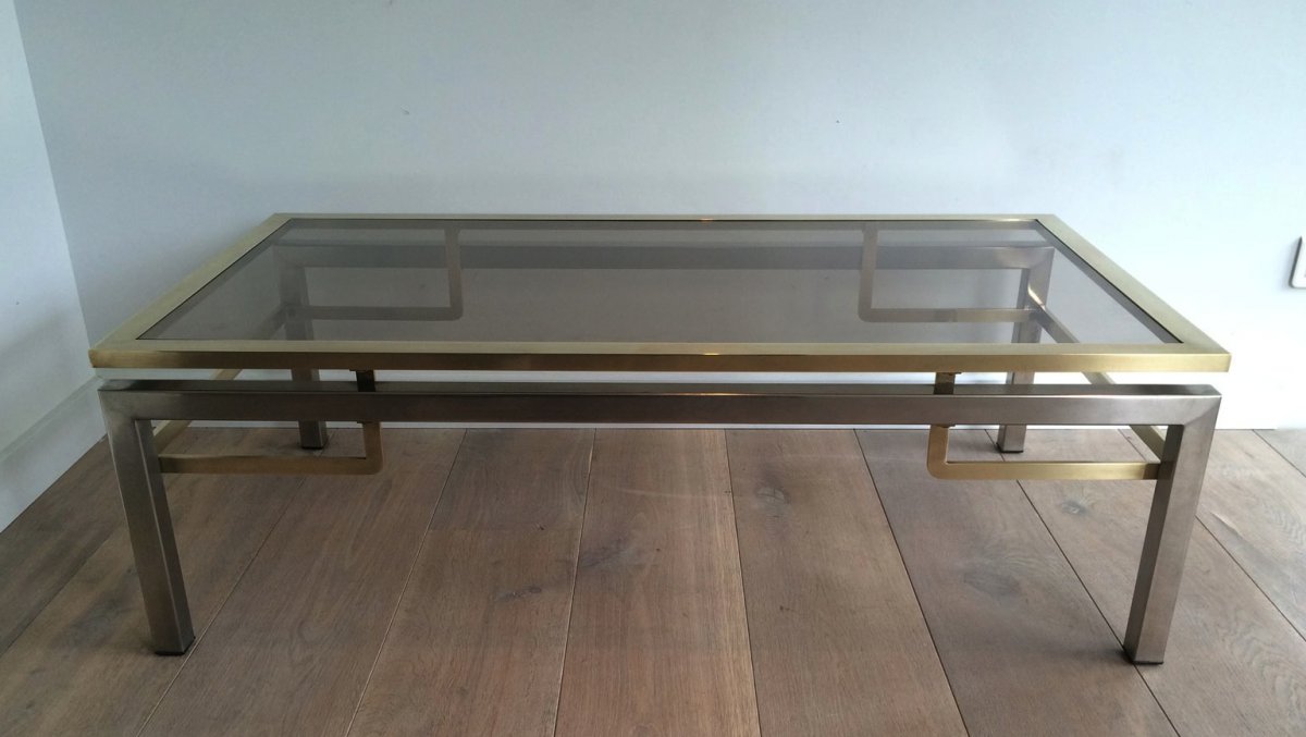 Guy Lefèvre For Jansen House. Coffee Table Brushed Steel And Brass. Around 1970-photo-4