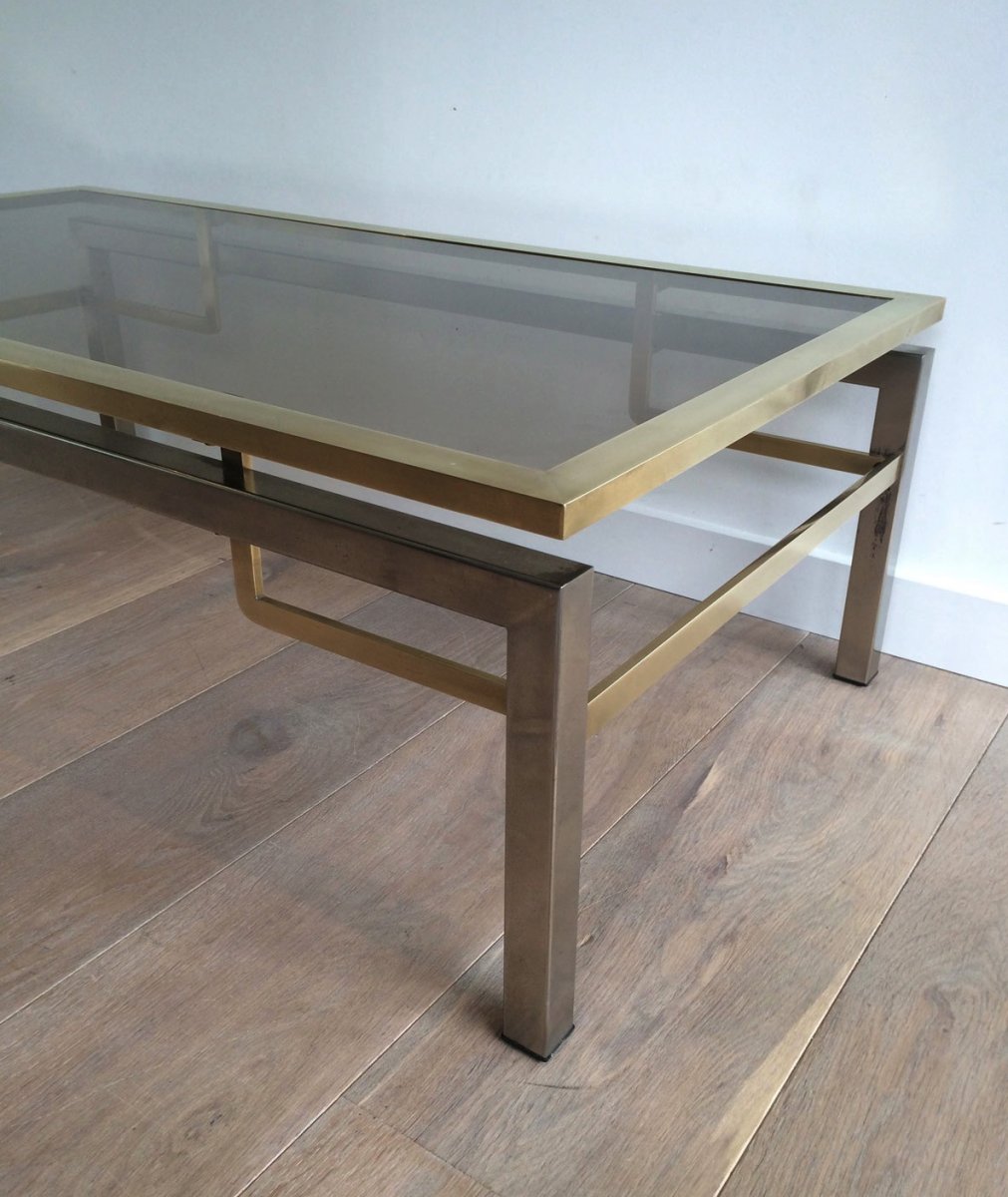 Guy Lefèvre For Jansen House. Coffee Table Brushed Steel And Brass. Around 1970-photo-6
