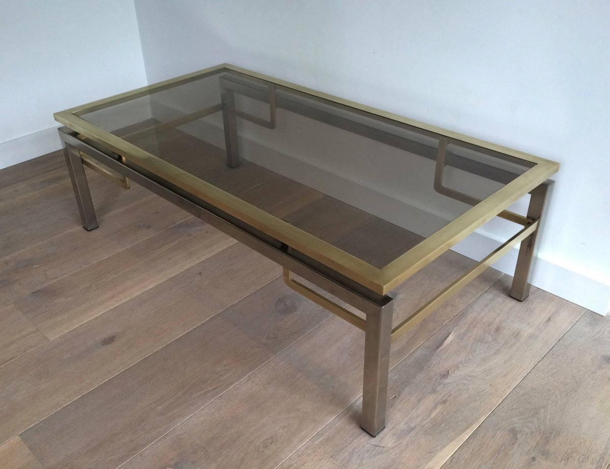 Guy Lefèvre For Jansen House. Coffee Table Brushed Steel And Brass. Around 1970