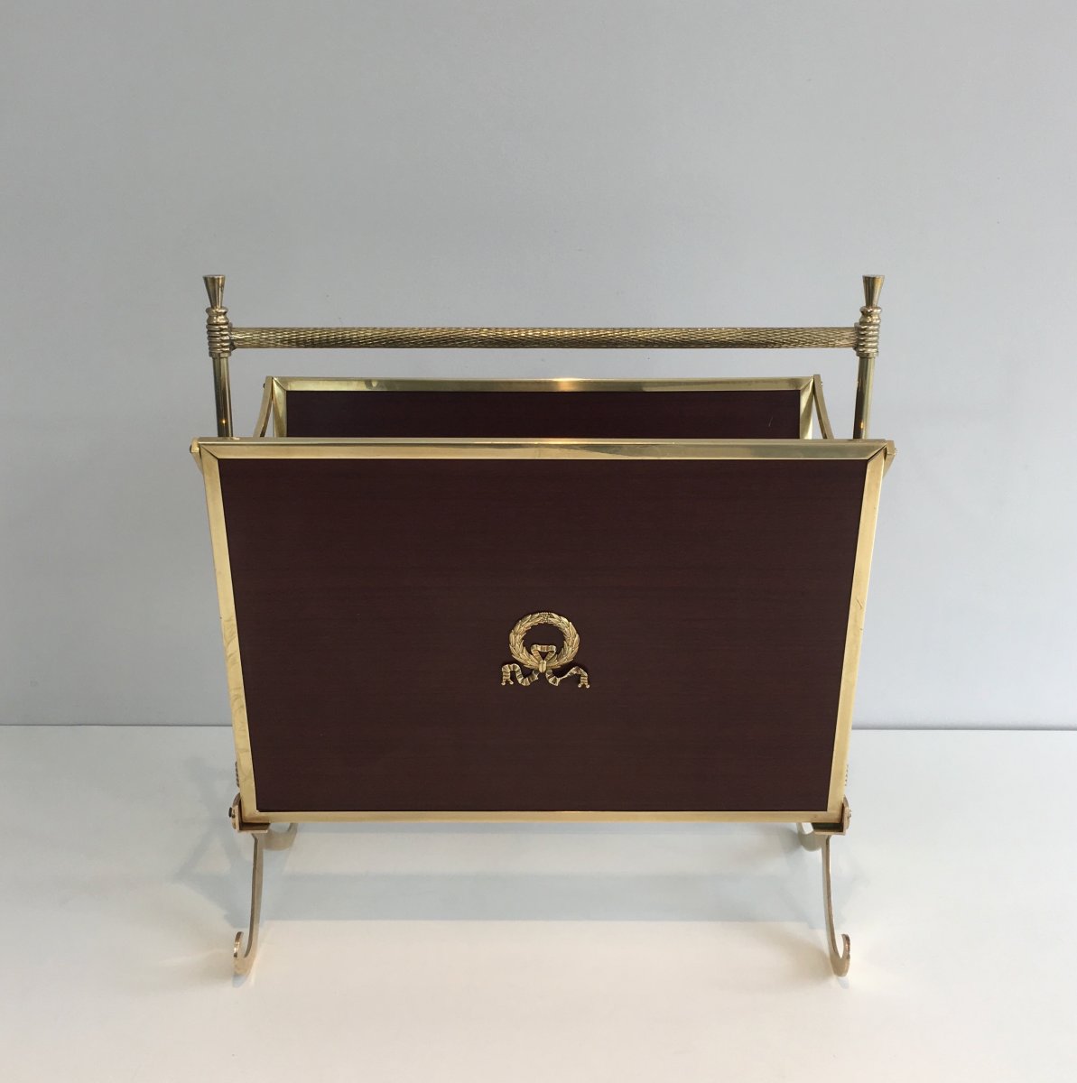 Attributed To Maison Jansen. Neoclassical Brass And Mahogany Magazine Rack. French. Circa 1940 -photo-2