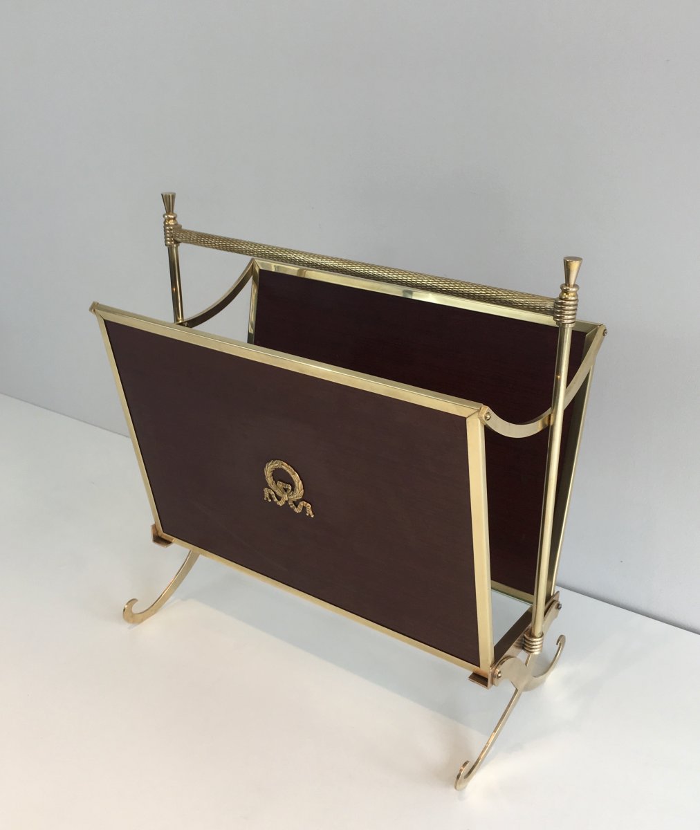 Attributed To Maison Jansen. Neoclassical Brass And Mahogany Magazine Rack. French. Circa 1940 -photo-3