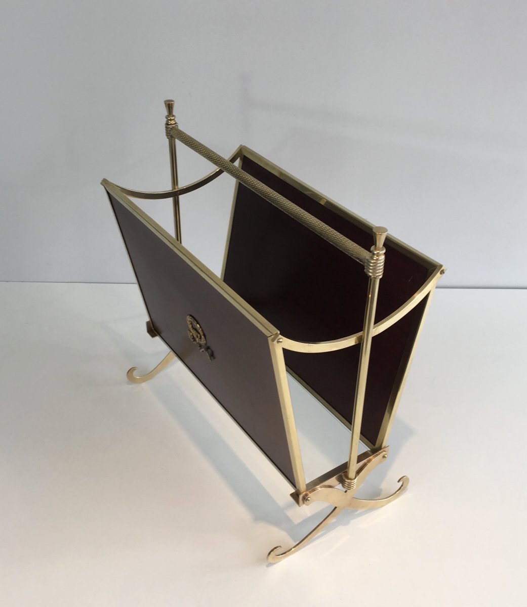 Attributed To Maison Jansen. Neoclassical Brass And Mahogany Magazine Rack. French. Circa 1940 -photo-1