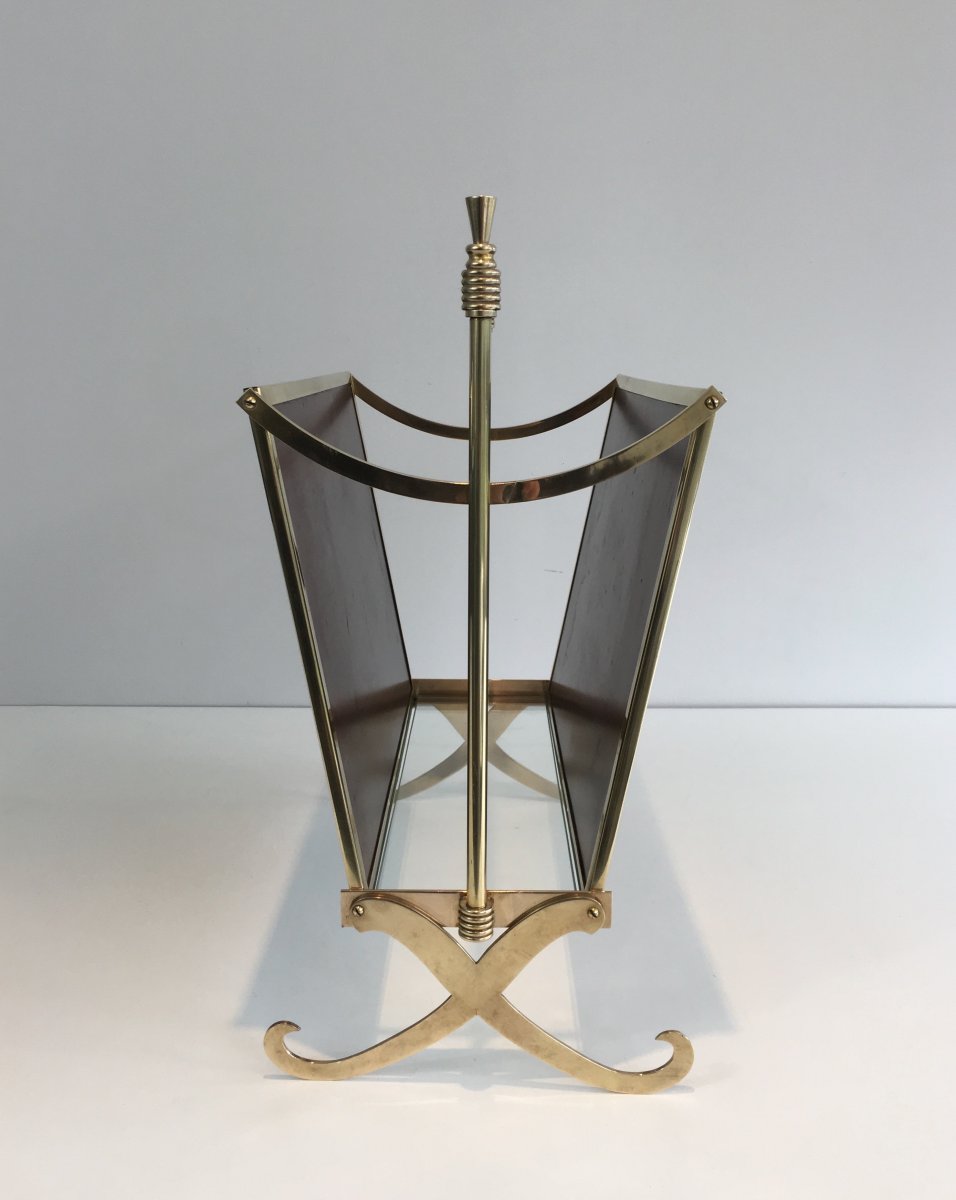 Attributed To Maison Jansen. Neoclassical Brass And Mahogany Magazine Rack. French. Circa 1940 -photo-3