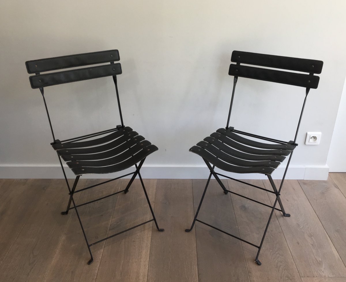 Paire De Chaises En Cuir Noir Et Métal. Vers 1950-photo-2