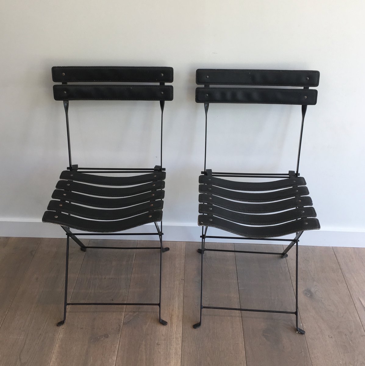 Pair Of Black Leather And Metal Chairs. Circa 1950-photo-3