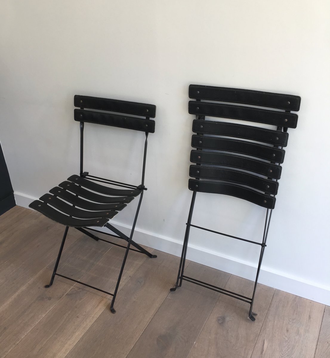 Pair Of Black Leather And Metal Chairs. Circa 1950-photo-2