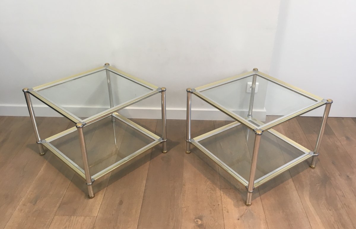 Pair Of Chrome, Gilt And Silver Métal Side Tables. French. Circa 1970-photo-2