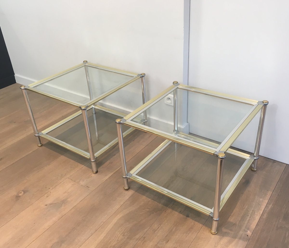 Pair Of Chrome, Gilt And Silver Métal Side Tables. French. Circa 1970-photo-1