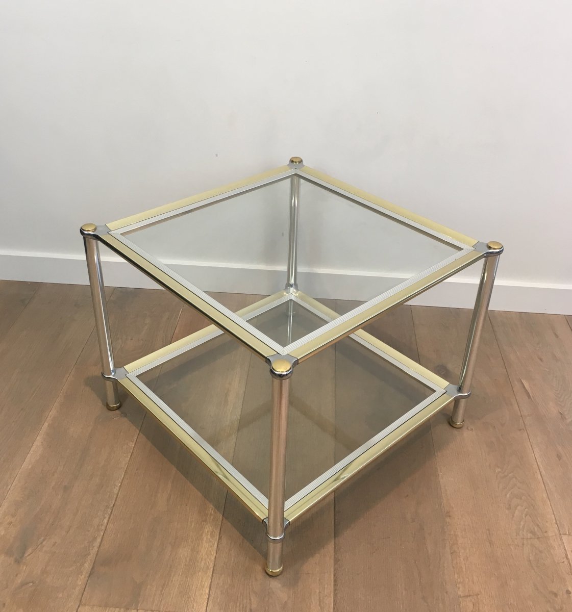 Pair Of Chrome, Gilt And Silver Métal Side Tables. French. Circa 1970-photo-2