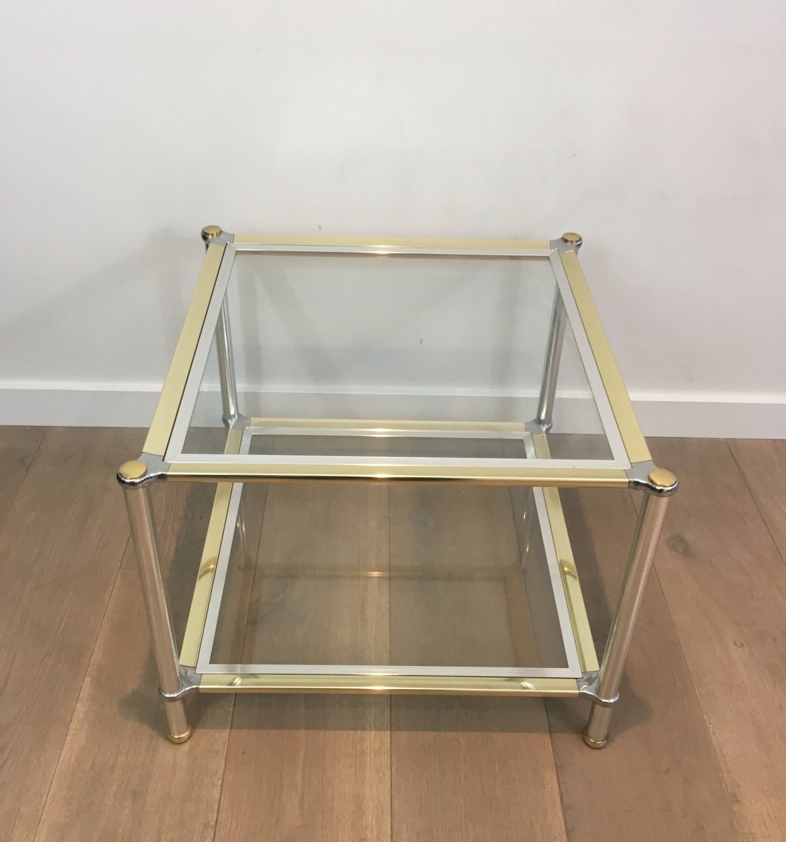 Pair Of Chrome, Gilt And Silver Métal Side Tables. French. Circa 1970-photo-3