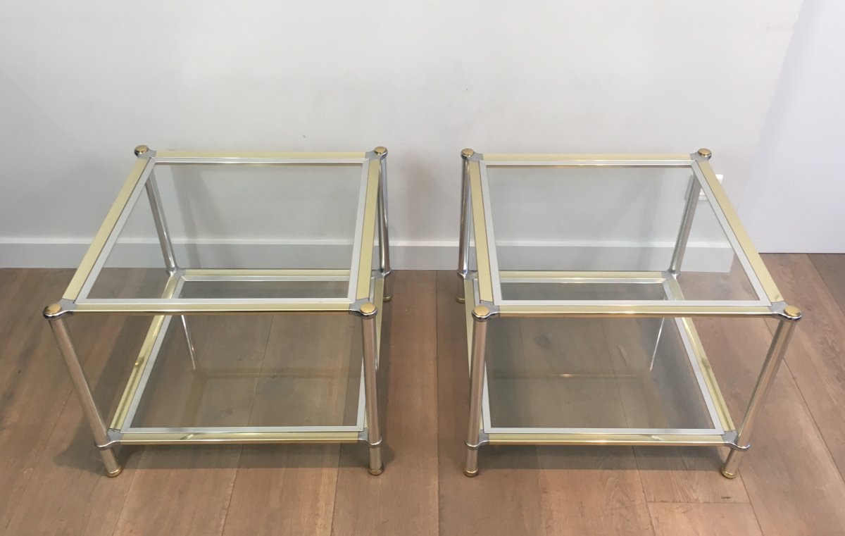 Pair Of Chrome, Gilt And Silver Métal Side Tables. French. Circa 1970-photo-8