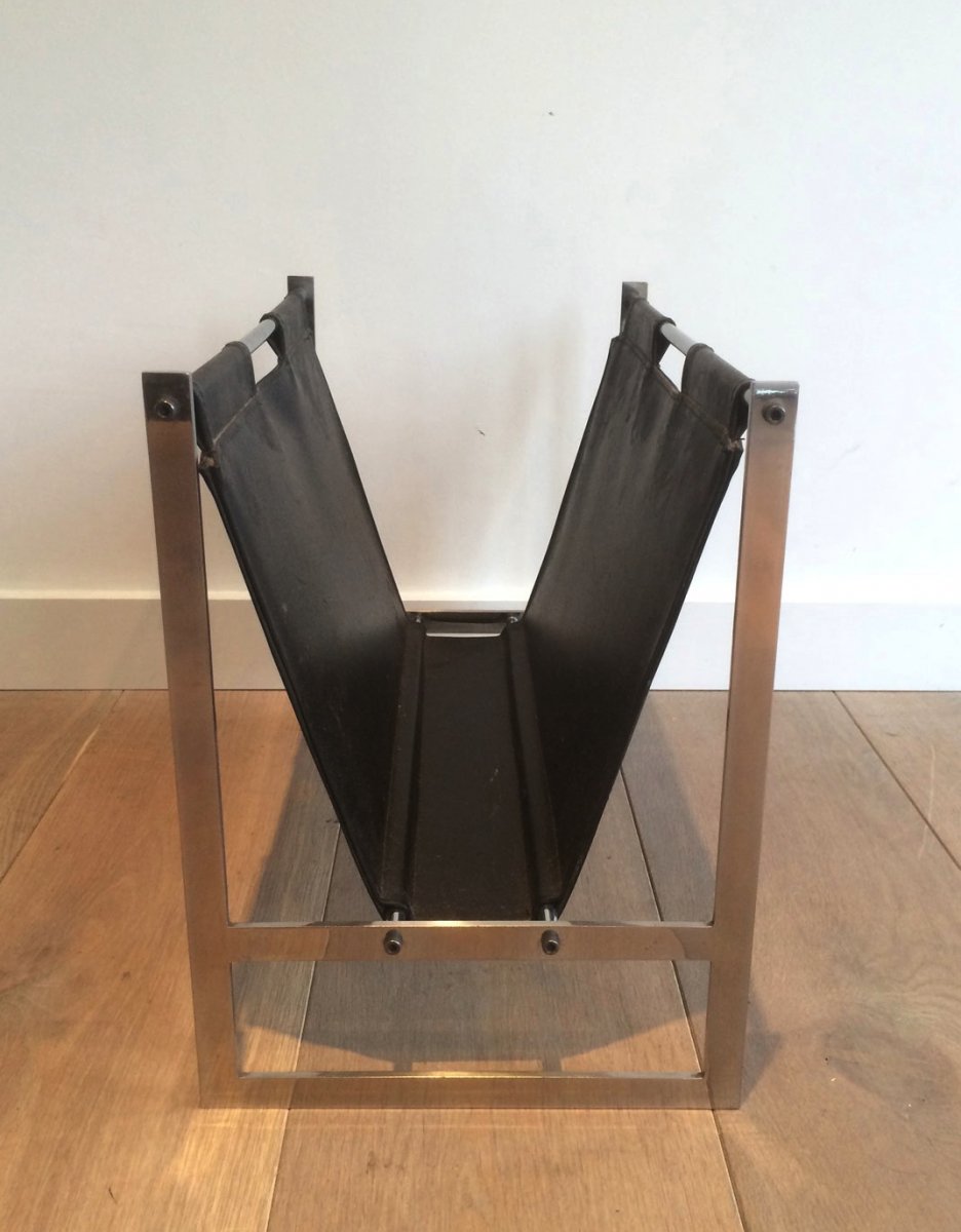 In The Style Of Poul Kjaerholm. Interesting Brished Steel And Leather Magazine Rack. Circa 1950-photo-3
