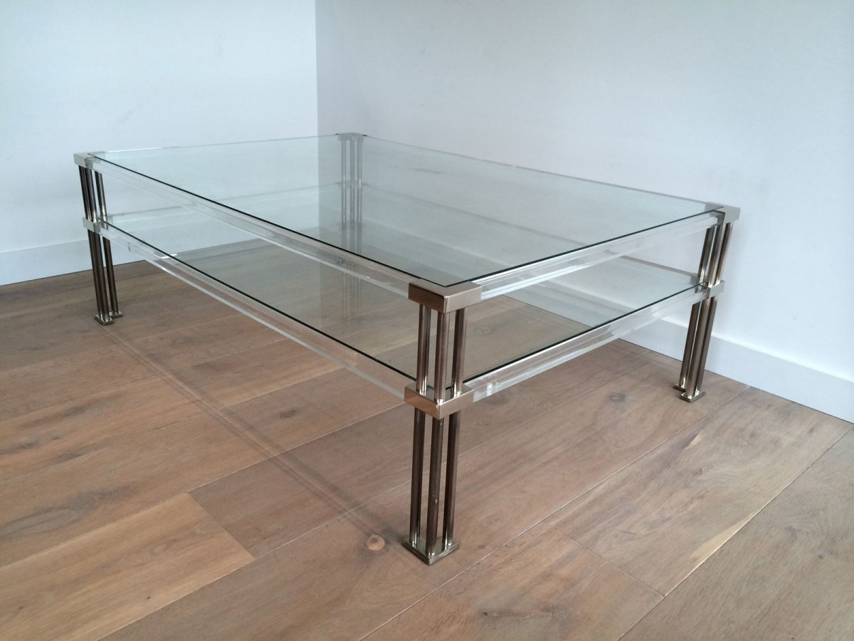 Large Modernist Chrome And Lucite Coffee Table. French. Circa 1970-photo-2