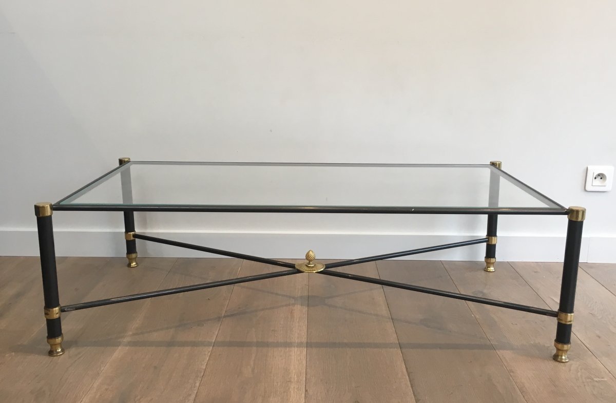 Guy Lefevre For Maison Jansen. Neoclassical Style Gun Metal And Brass Coffee Table With Glass T-photo-2