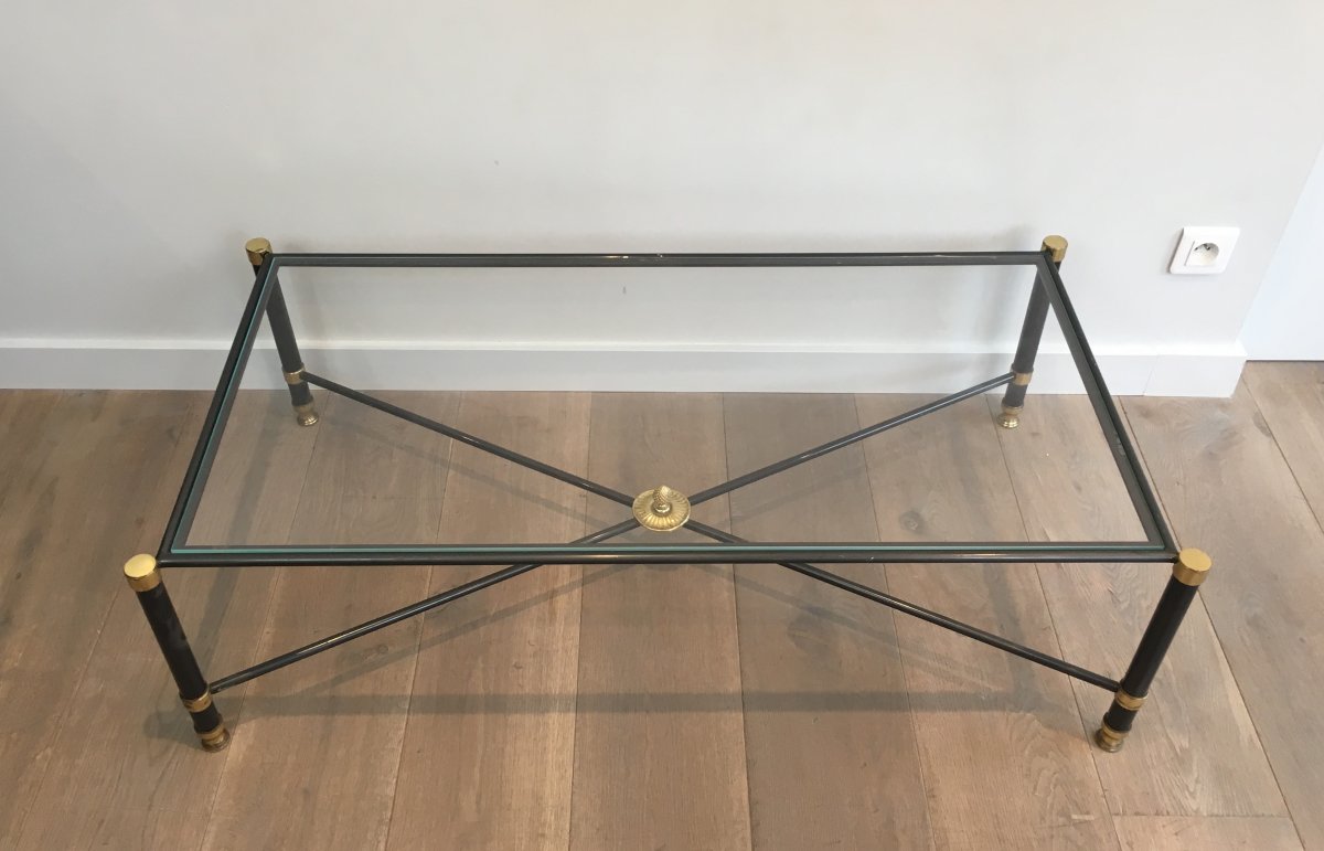 Guy Lefevre For Maison Jansen. Neoclassical Style Gun Metal And Brass Coffee Table With Glass T-photo-8