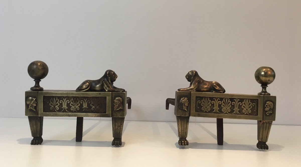 Pair Of Empire Period Bronze Andirons With Lions. French. Circa 1850-photo-2