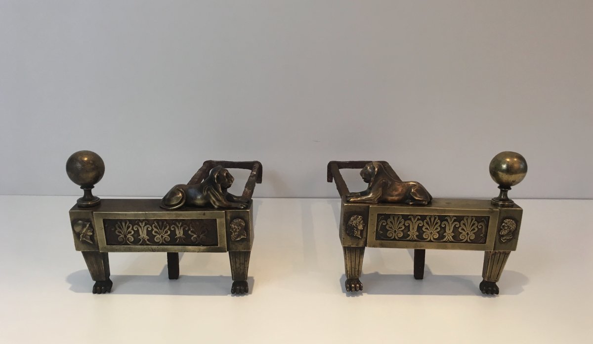 Pair Of Empire Period Bronze Andirons With Lions. French. Circa 1850-photo-4