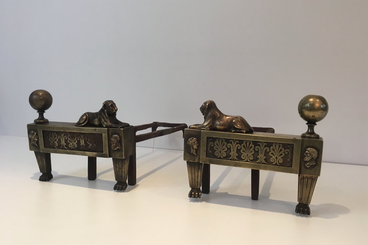 Pair Of Empire Period Bronze Andirons With Lions. French. Circa 1850-photo-5