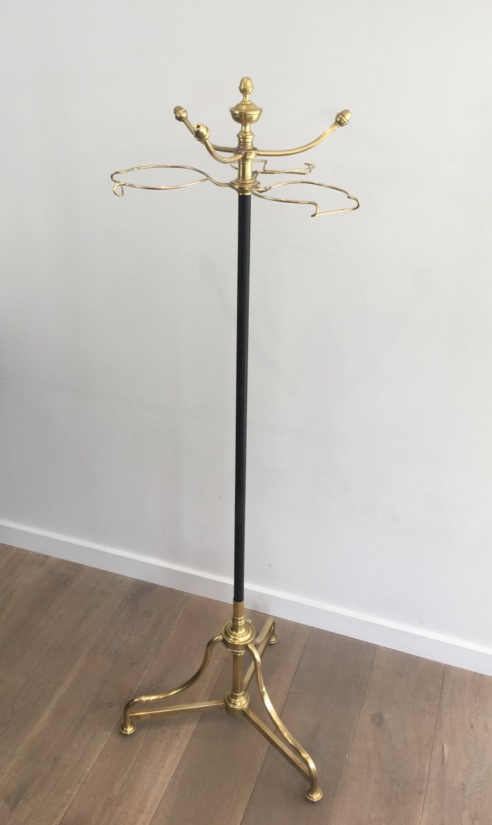 Unusual Tall Black Lacquered And Brass Coat And Hat Rack. French. Circa 1900