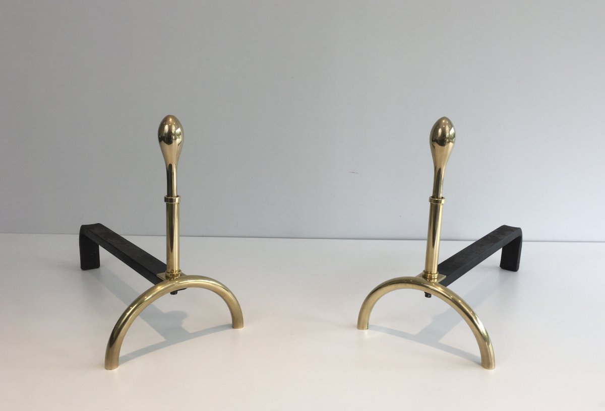 Pair Of Neoclassical Style Brass And Iron Andirons. French. Circa 1970-photo-2