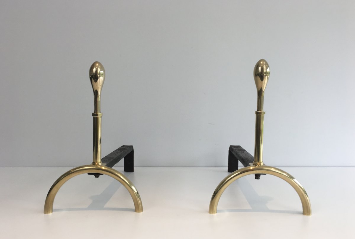 Pair Of Neoclassical Style Brass And Iron Andirons. French. Circa 1970-photo-8