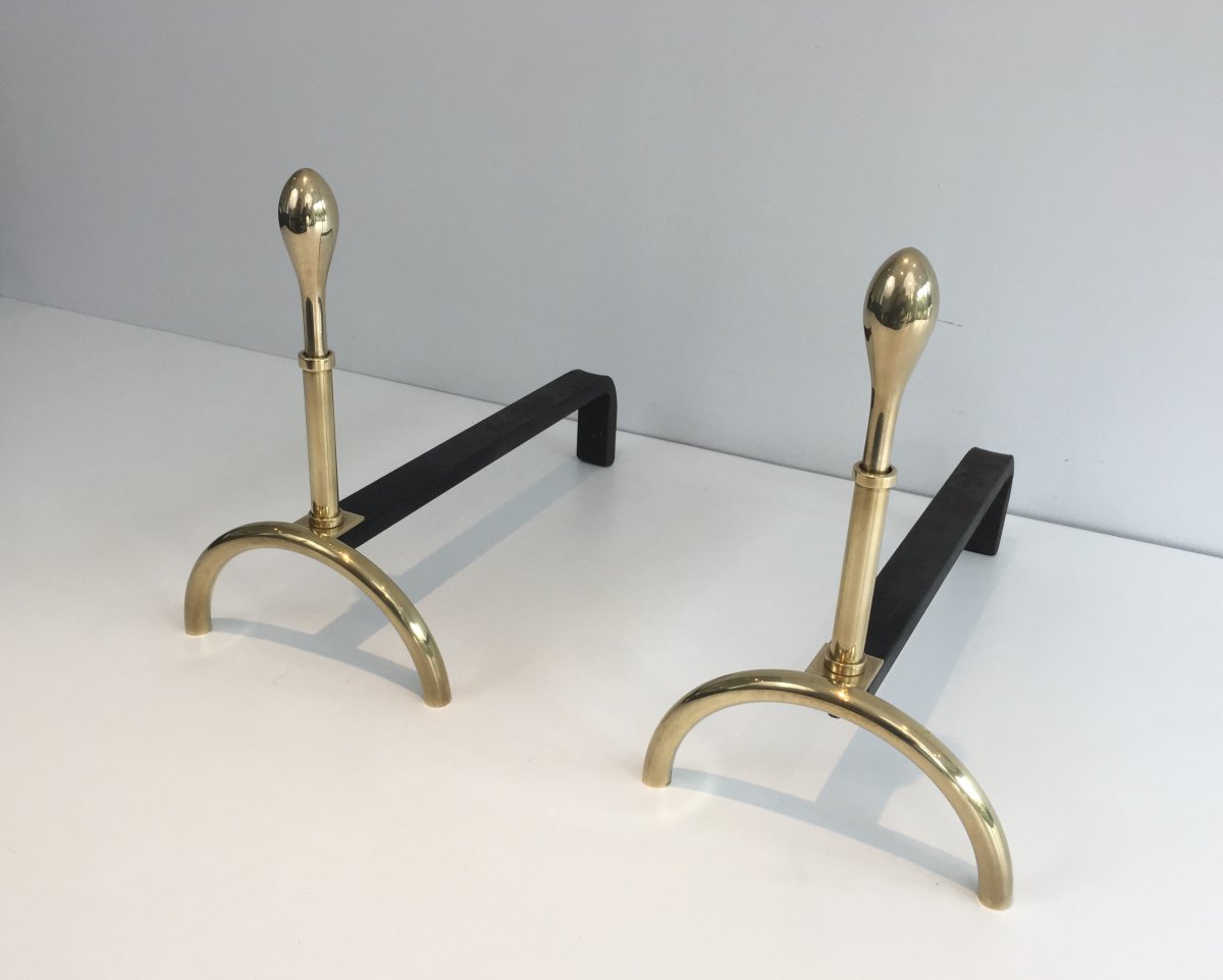 Pair Of Neoclassical Style Brass And Iron Andirons. French. Circa 1970