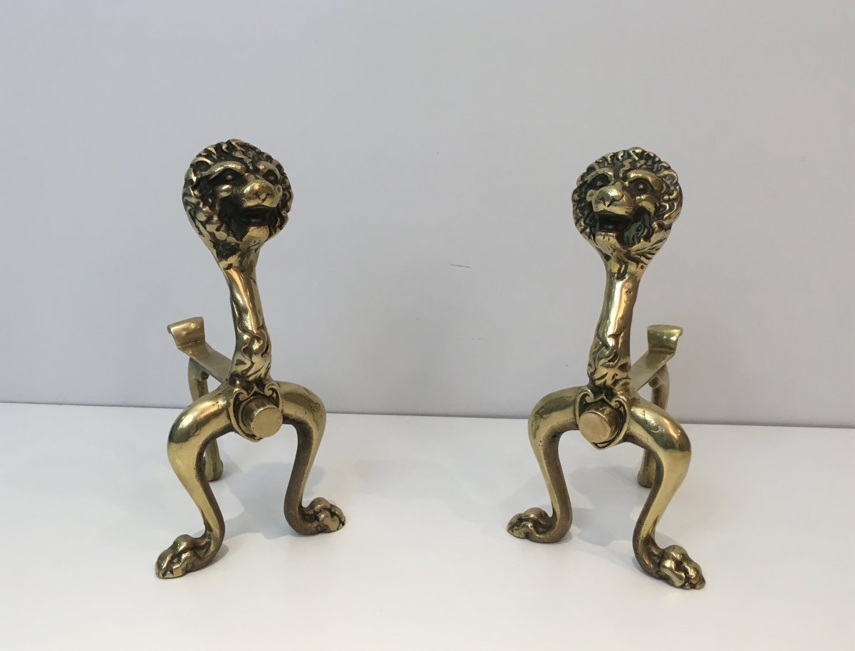 Unusual Pair Of Lions Bronze Andirons. French. Circa 1900-photo-3