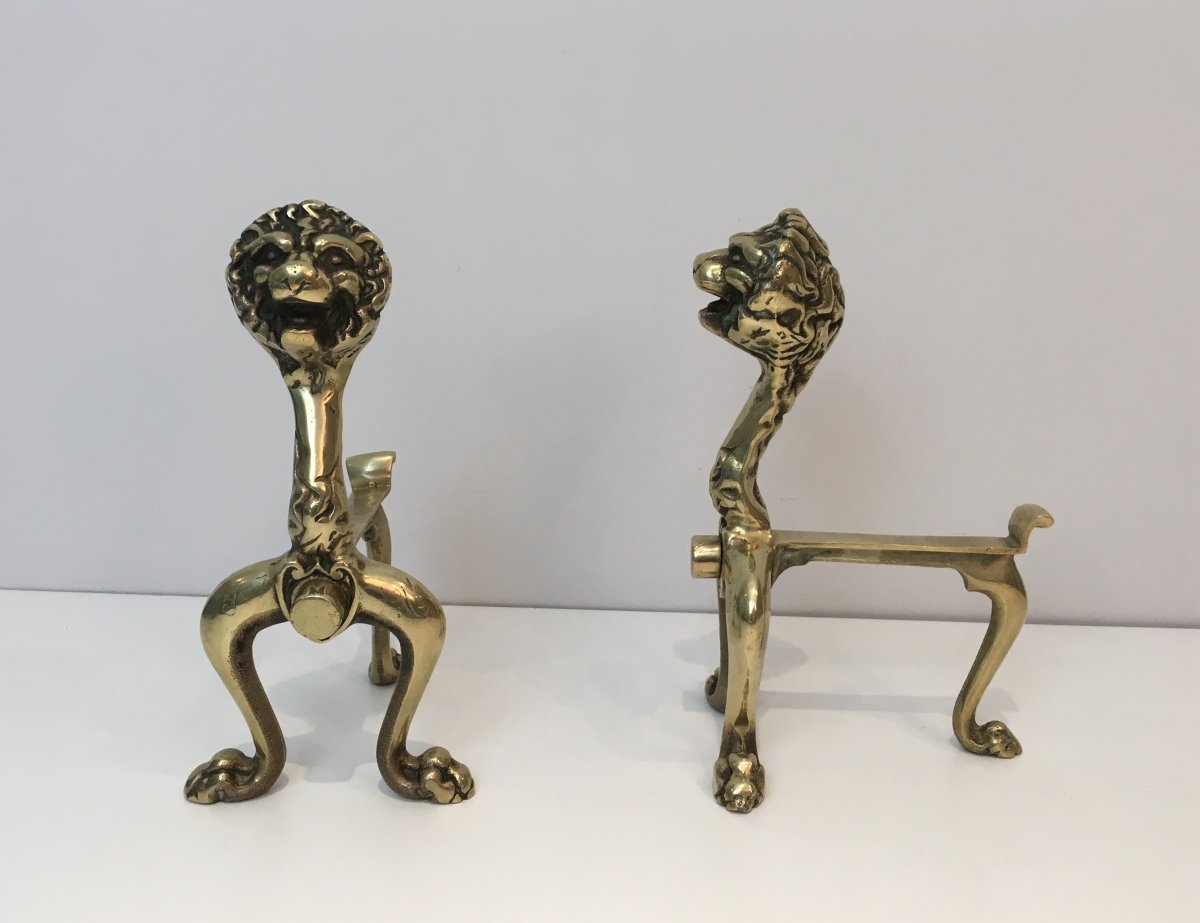 Unusual Pair Of Lions Bronze Andirons. French. Circa 1900-photo-4