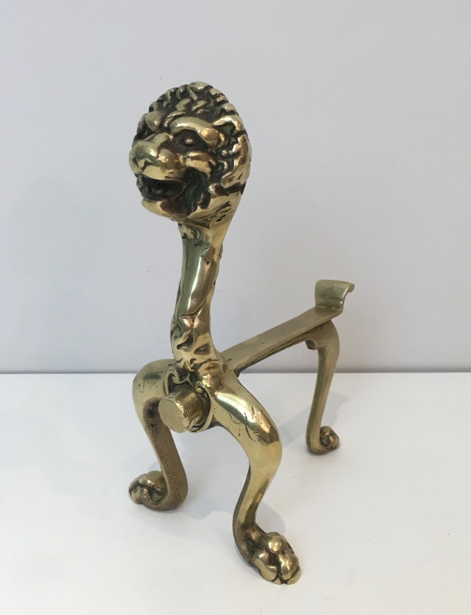 Unusual Pair Of Lions Bronze Andirons. French. Circa 1900-photo-1