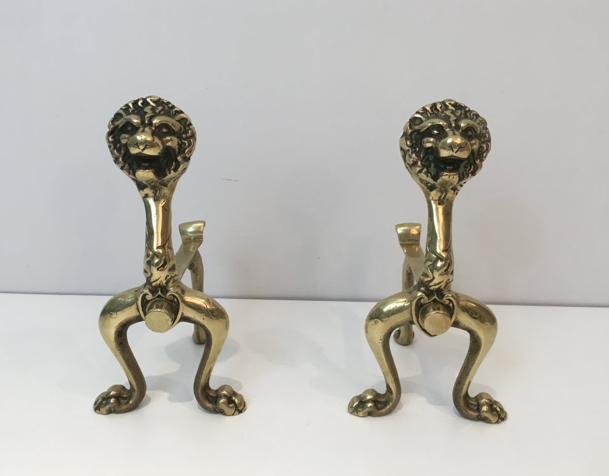 Paire De Chenets En Bronze Aux Lions. Travail Français. Vers 1900-photo-8