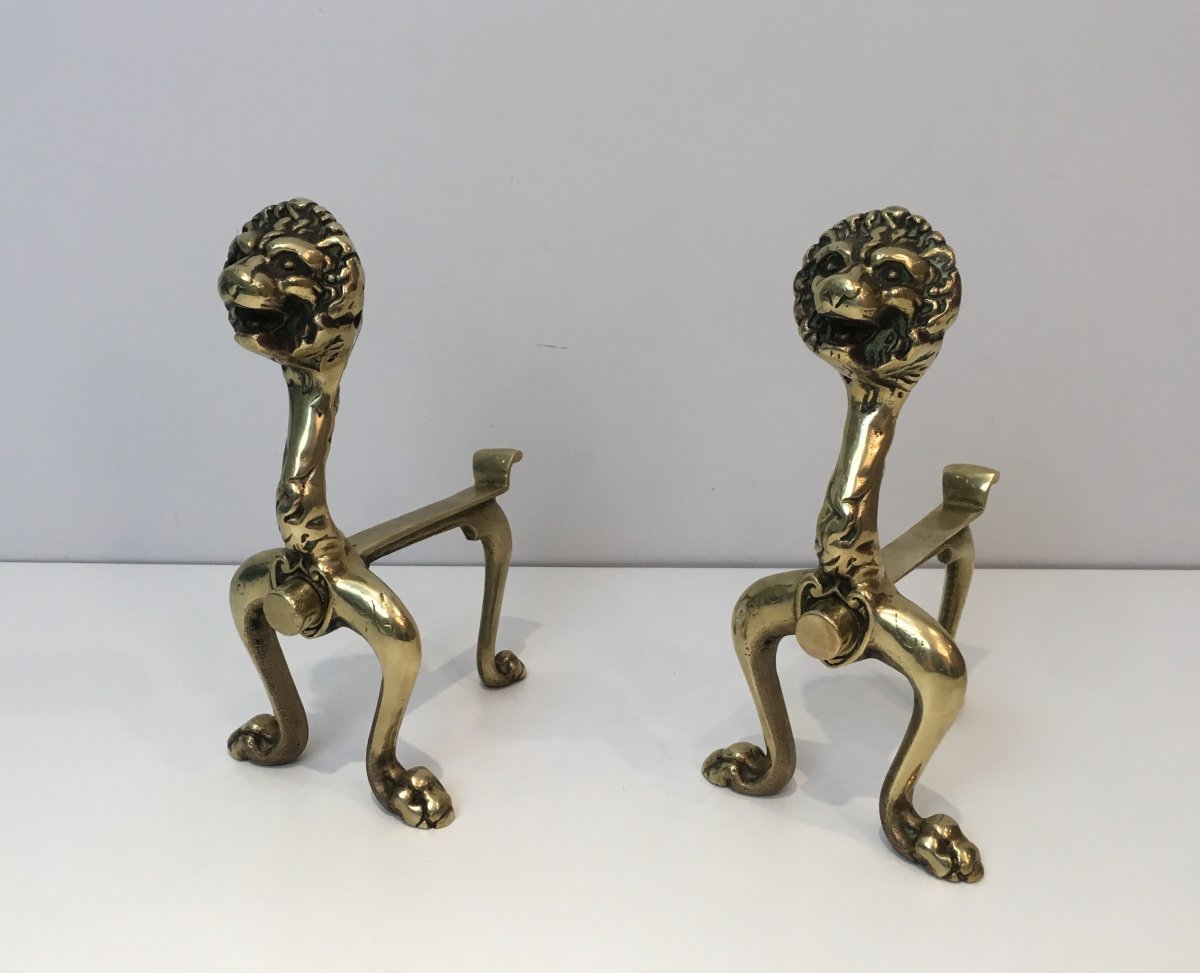 Unusual Pair Of Lions Bronze Andirons. French. Circa 1900