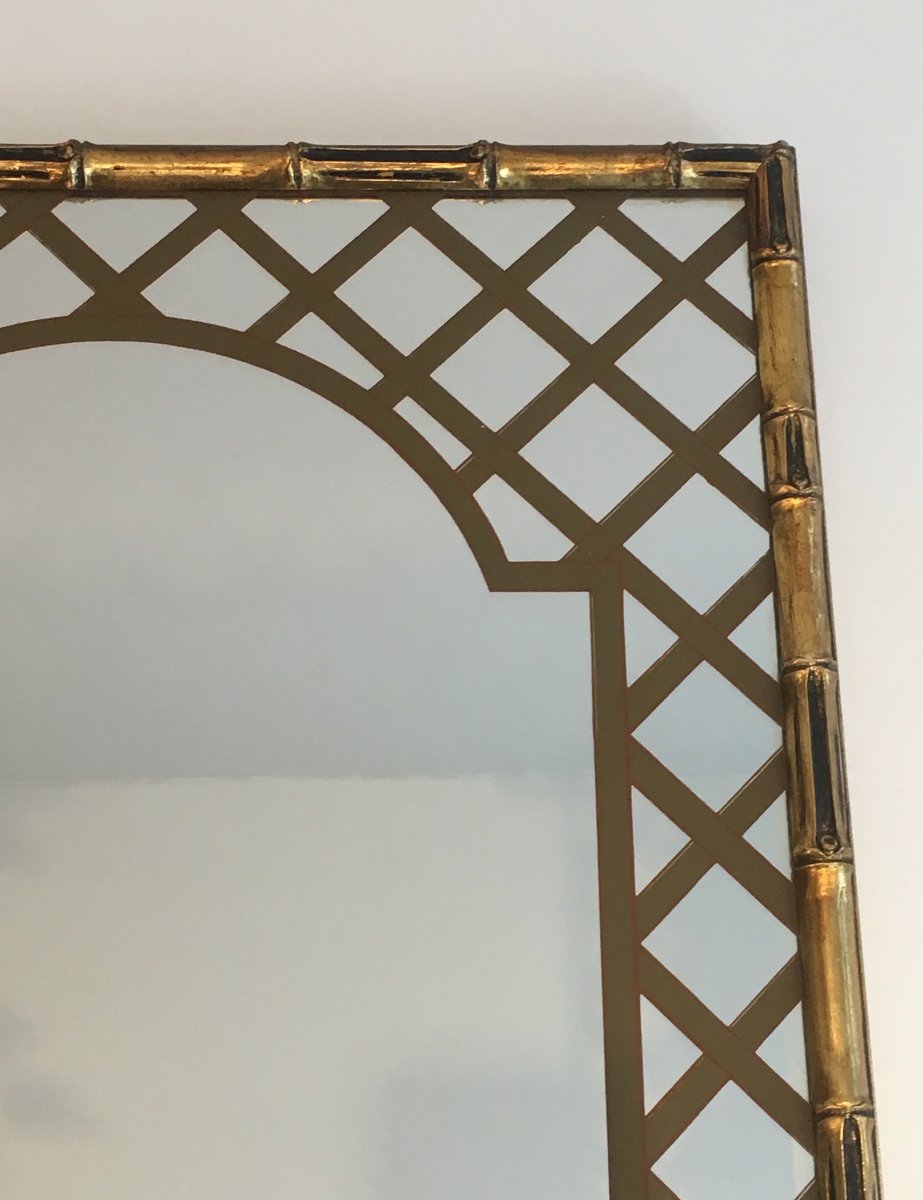 Decorative Faux-bamboo Gilt Wood Mirror With Printed Floral Decor. Circa 1970-photo-1