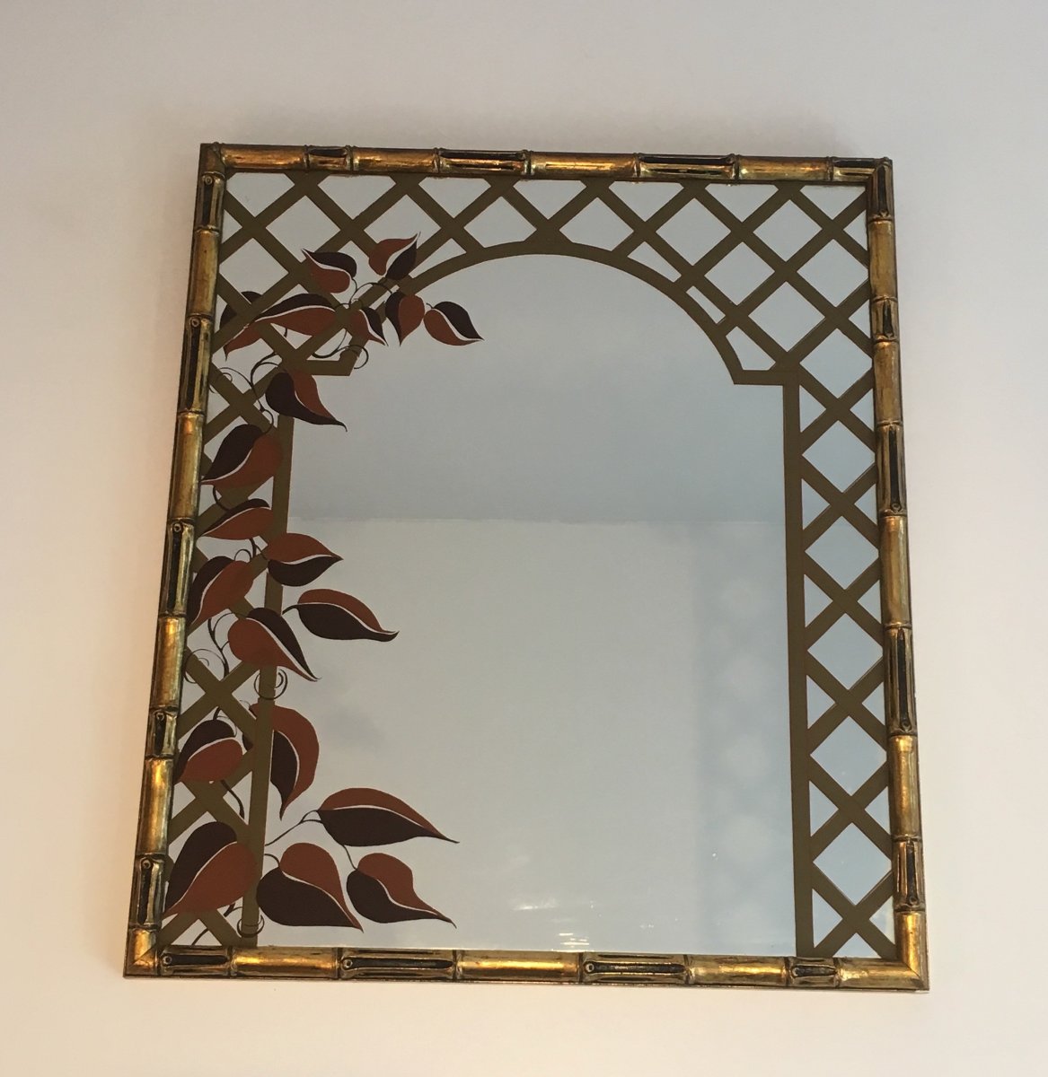 Decorative Faux-bamboo Gilt Wood Mirror With Printed Floral Decor. Circa 1970-photo-7
