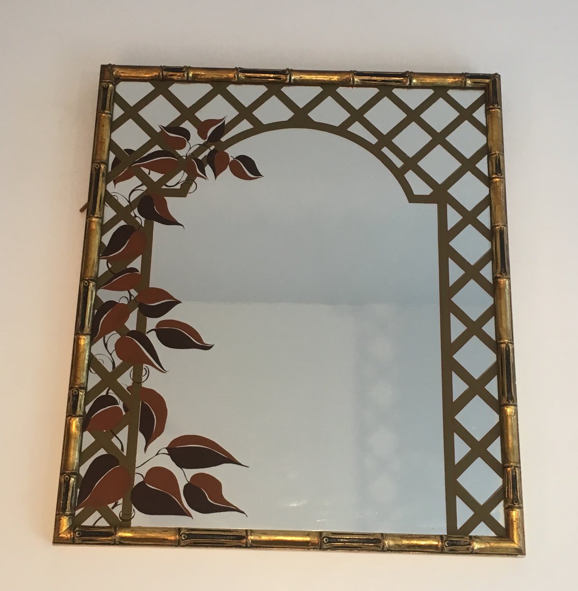 Decorative Faux-bamboo Gilt Wood Mirror With Printed Floral Decor. Circa 1970-photo-8